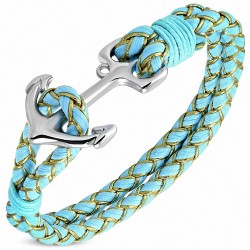 Bracelet alliage à la mode & bleu tissé / tressé en cuir PU avec ancre marine - FBX120