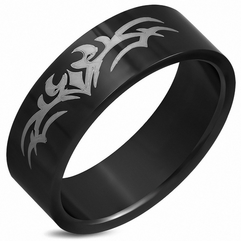 8mm | Bague plate en acier inoxydable noir à deux tons avec motif tribal