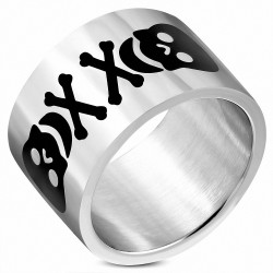 Bague en bande large et large avec tête de mort 2 têtes de pirate en acier inoxydable, finition polonaise