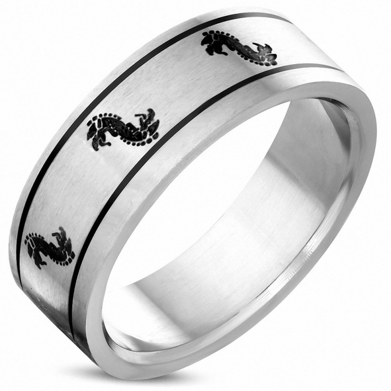 8mm | Bague en bande plate avec deux signes de zodiaque chinois Dragon fini en acier inoxydable mat