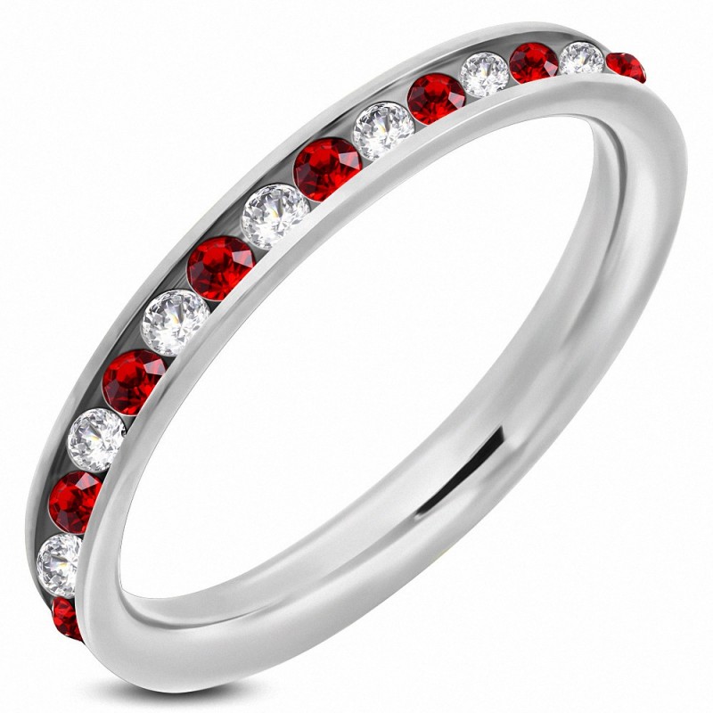 3mm | Bague en acier inoxydable ChannelSet Eternity Comfort Fit, transparente et légère, rouge Siam CZ