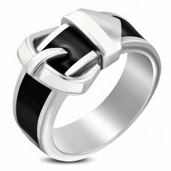 Bague de cocktail de style boucle de ceinture émaillée en acier inoxydable 2 tons noir et blanc