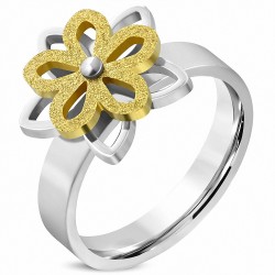 Bague fantaisie en forme de fleur avec flocon de neige 2 tons en acier inoxydable sablé