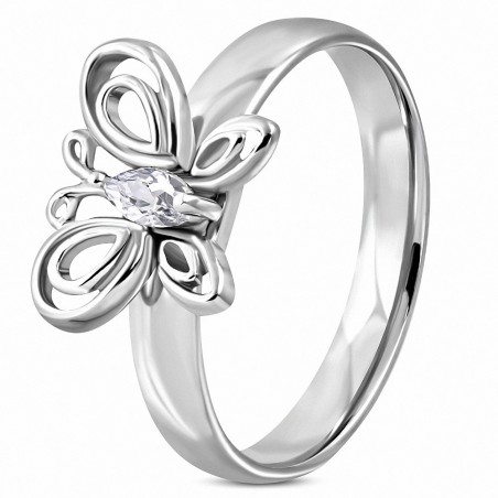 Bague fantaisie papillon en acier inoxydable avec CZ transparent