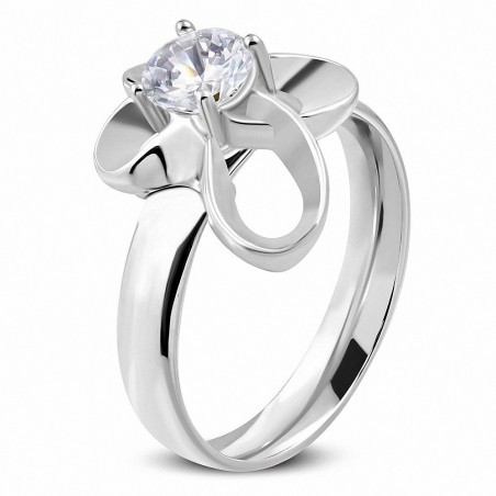 Bague fantaisie avec ajustement confortable en forme de fleur ronde en acier inoxydable avec CZ transparent