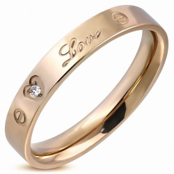 4mm | Rose / Rose or plaqué couleur acier inoxydable Love Heart Comfort Fit mariage bague plate bande w / Clear CZ