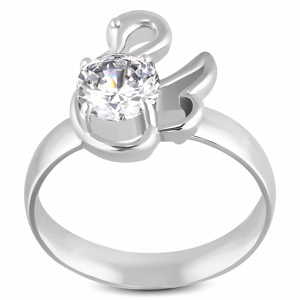 Bague fantaisie à ajustement confortable Swan ProngSet en acier inoxydable avec CZ transparent