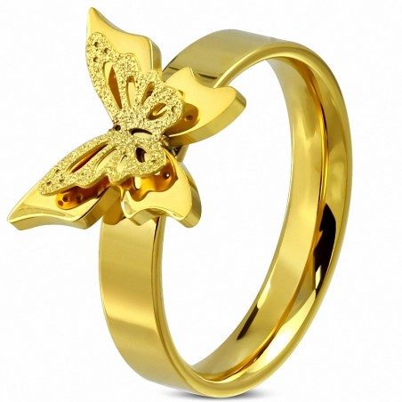 Bague fantaisie ajustée confort papillon sablé en acier inoxydable plaqué or