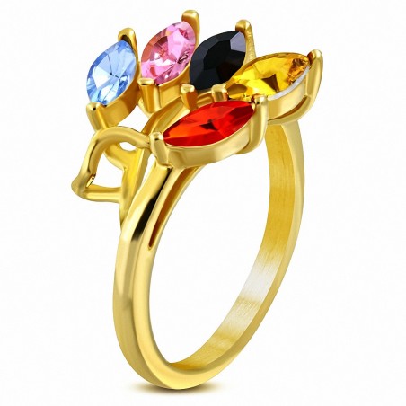 Bague fantaisie de contournement de fleurs en spirale en acier inoxydable plaquée de couleur d'or avec CZ coloré