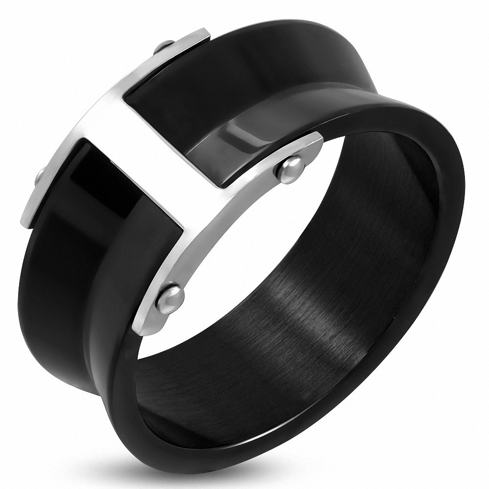 Bague de bande concave de style de boucle de ceinture en acier inoxydable noir 2 tons