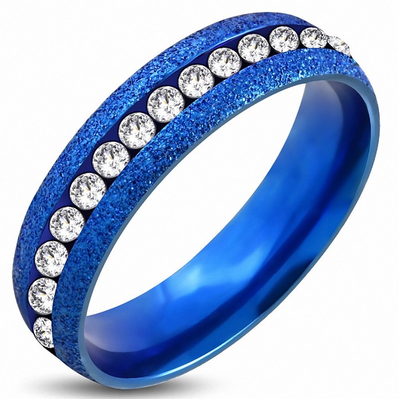 5mm | Bague en acier inoxydable bleu sablé ChannelSet Eternity Comfort Fit avec CZ transparent