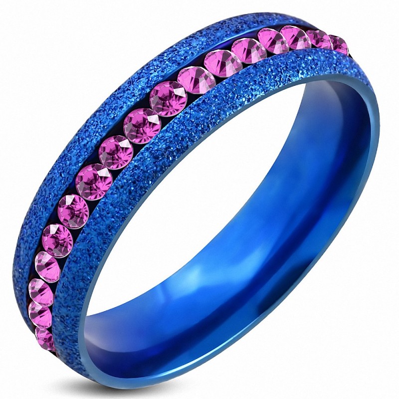 5mm | Bague en acier inoxydable bleu sablé ChannelSet Eternity Comfort Fit avec Rose Rose CZ