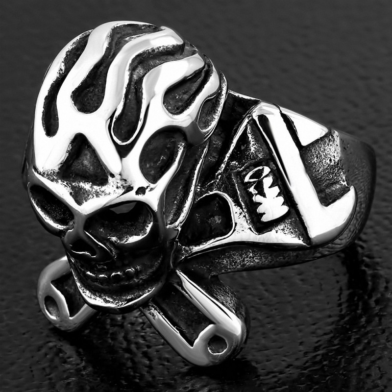 Bague de motard croisé Ghost Skull Tool en acier inoxydable 2 tons Clé croisée