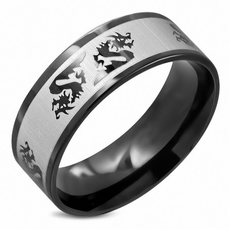 8mm | Bague en acier inoxydable avec deux signes de zodiaque chinois Dragon en acier inoxydable noir