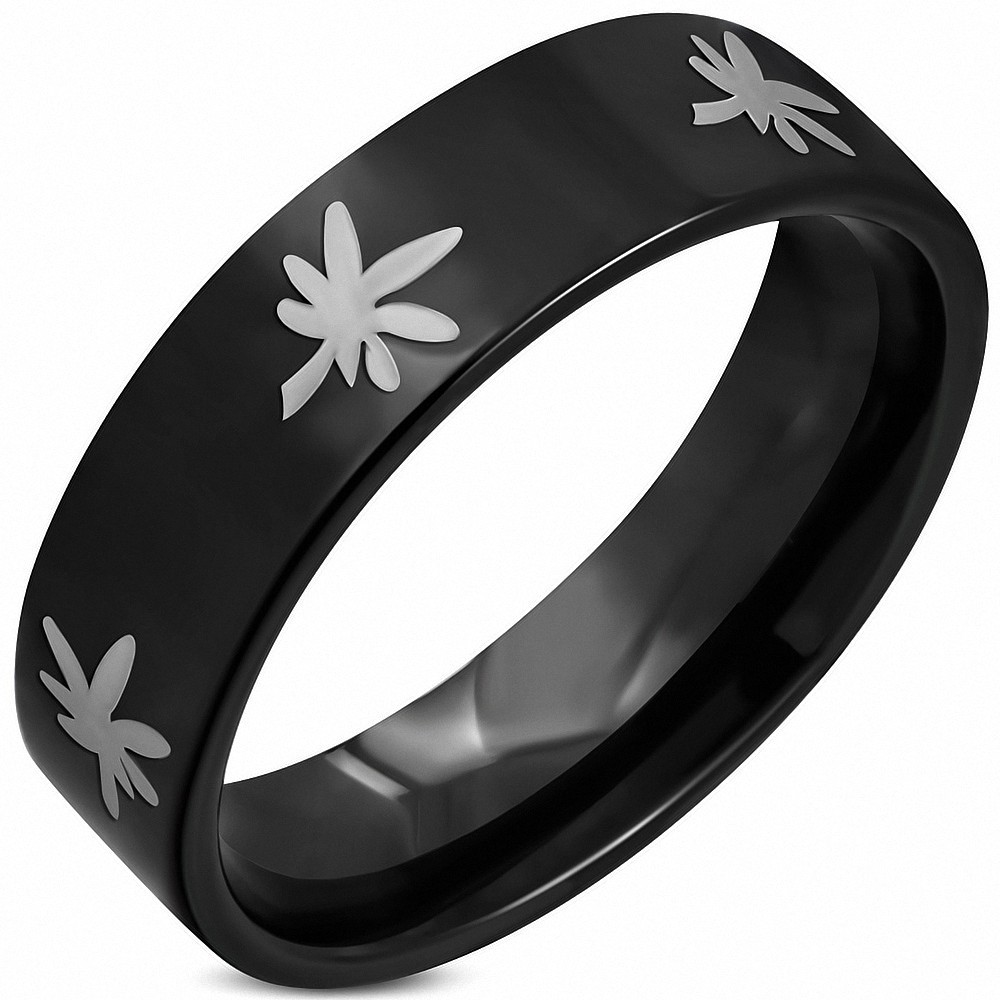 7mm | Bague plat à ajustement confortable Ganja Leaf en acier inoxydable noir, à l'érable 2 tons et à la marijuana