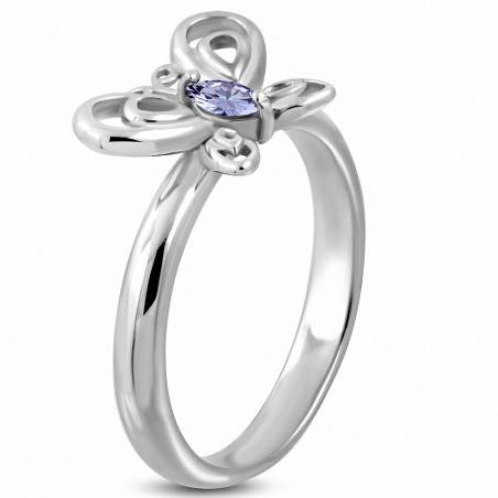 Bague fantaisie papillon en acier inoxydable avec violet clair CZ