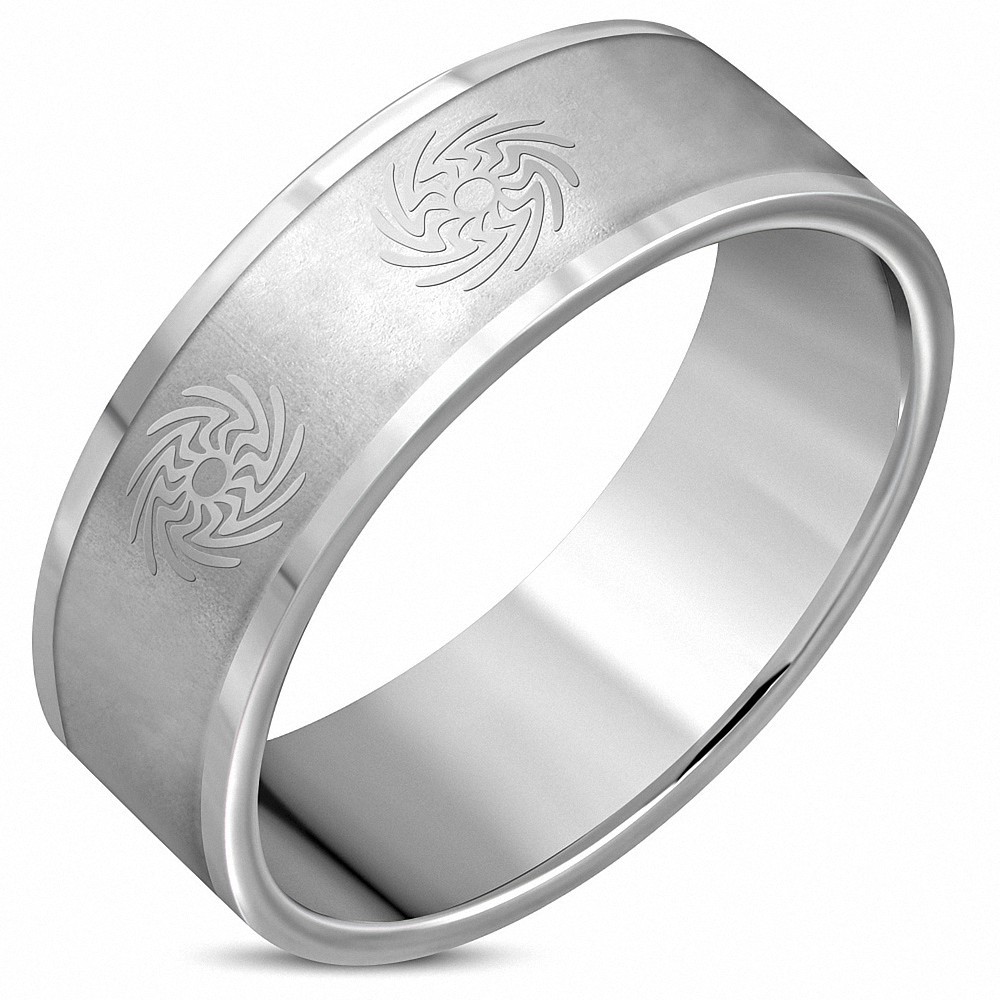 8mm | Bague en bande plate avec emblème Sun en spirale, fini acier inoxydable mat