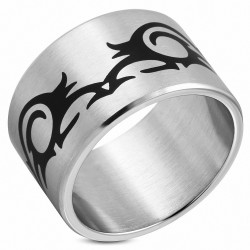 Bague en bande large et plate avec symbole tribal et vigne en spirale, finition mate en acier inoxydable