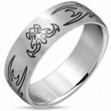 8mm | Bague demi-ronde demi-ronde araignée tribale finie en acier inoxydable, matte 2 tons