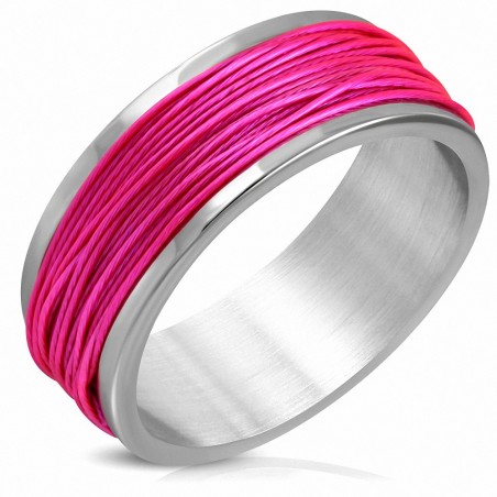 8mm | Bague plat en acier inoxydable avec cordon rose