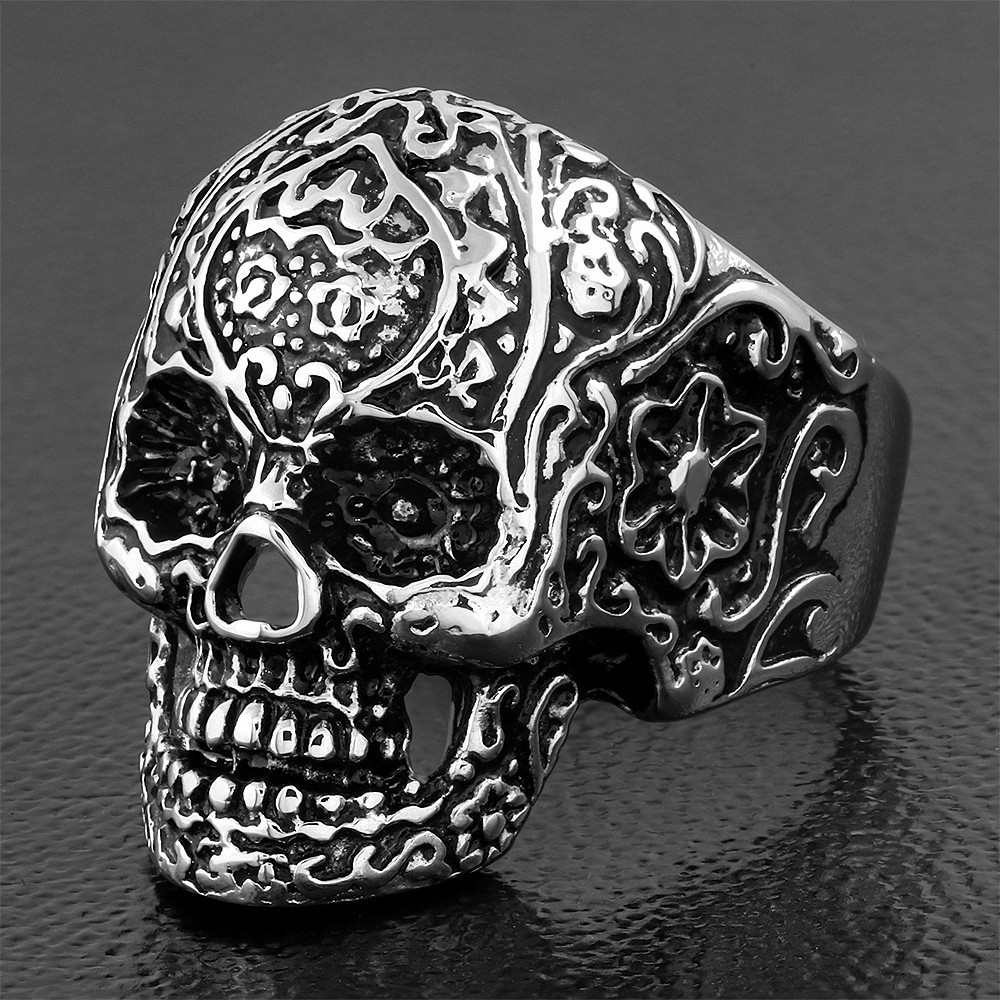 Bague de motard crâne en sucre gothique vintage avec fleurs en acier inoxydable