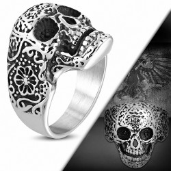 Bague de motard crâne en sucre gothique vintage avec fleurs en acier inoxydable