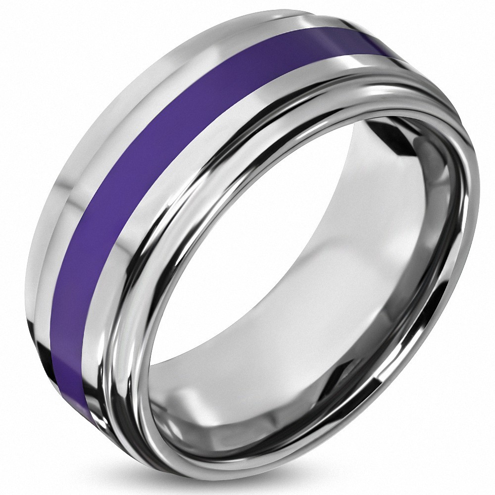 9mm | Bague de demi-tour demi-tour confortable en fit de carbure de tungstène violet / violet à rayures émaillées