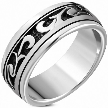 Bague demi-ronde ronde en argent sterling à motif de ton 2 tons avec motif tribal