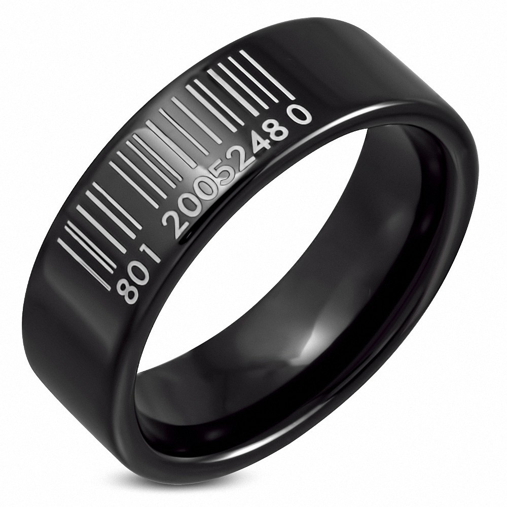 8mm | Bague plat à ajustement confortable en céramique noire à code à barres avec code à barres