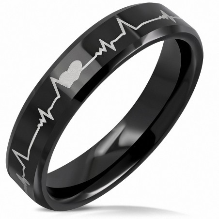 6mm | Bague demi-ronde ronde en céramique Comfort Fit avec rythme cardiaque en céramique noire