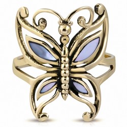 Bague en bronze avec perles fantaisie et tige en forme de papillon - Perle blanche