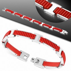 Bracelet I en acier inoxydable avec maillons géométriques bicolores rainurés en caoutchouc rouge