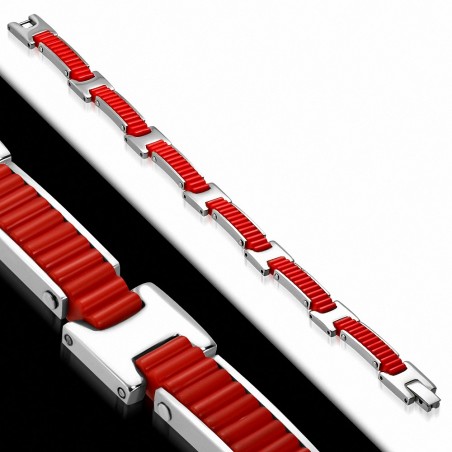 Bracelet I en acier inoxydable avec maillons géométriques bicolores rainurés en caoutchouc rouge
