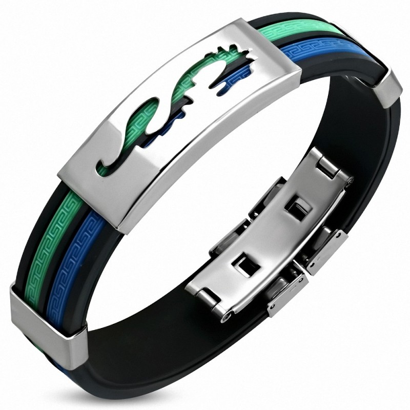 Bracelet en caoutchouc 4 tons noir à rayures bleues et clé bleue en acier inoxydable avec signe de zodiaque chinois dragon