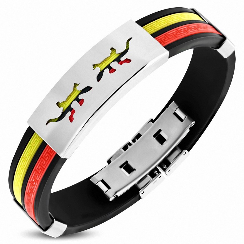 Bracelet caoutchouc noir rayures clés grecques jaune/rouge et plaque 2 lézards en acier inoxydable fermetue à clips