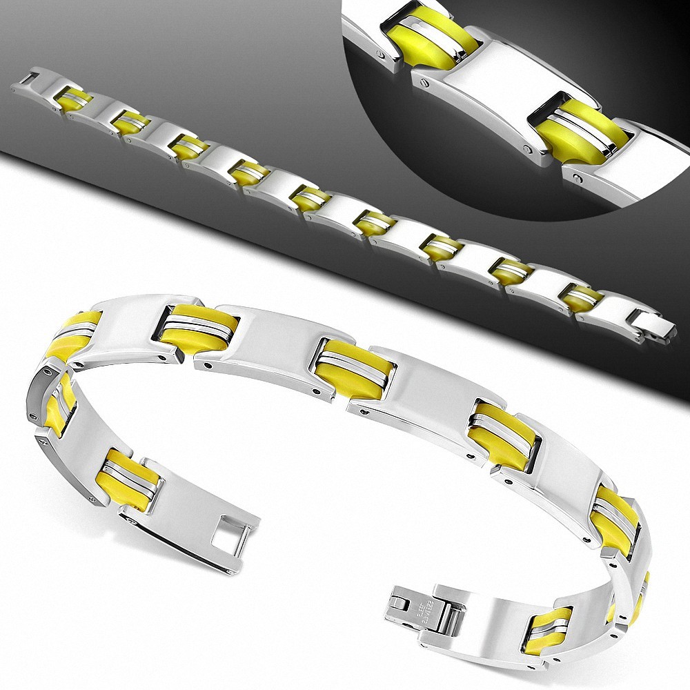 Bracelet à maillons panthère en acier inoxydable avec caoutchouc jaune 419