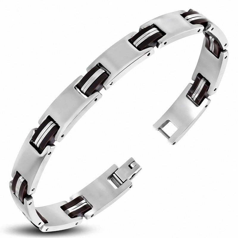 Bracelet à maillons panthère en acier inoxydable avec caoutchouc brun420