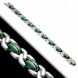 L-23cm W-14mm | Bracelet à maillons en acier inoxydable avec maillons celtiques torsadés en caoutchouc vert  homme