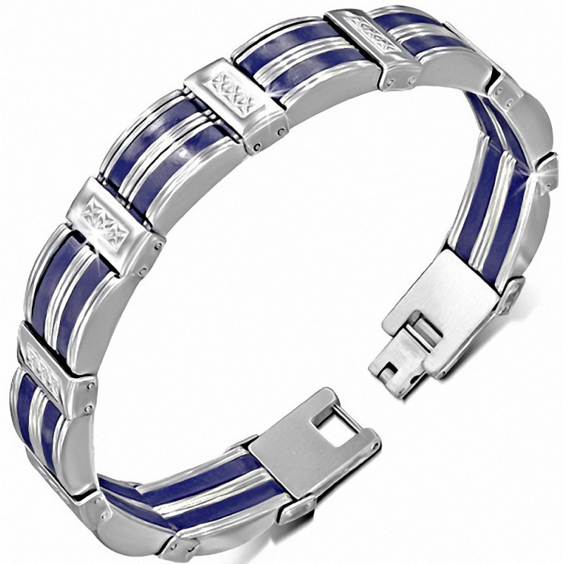 Bracelet à maillons en acier inoxydable avec clé grecque 2 tons en caoutchouc bleu royal