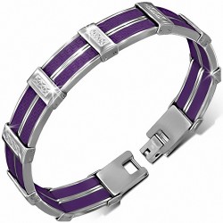 Bracelet en acier inoxydable avec maillons de clé Panthère grecque 2 tons en caoutchouc violet violette