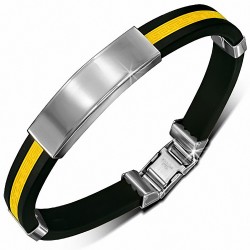Bracelet en caoutchouc noir rayé de clé grecque jaune avec montre de style à graver en acier inoxydable