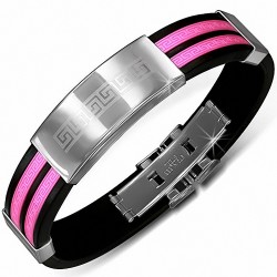 Bracelet en caoutchouc noir rayé de clé grecque rose avec montre en acier inoxydable