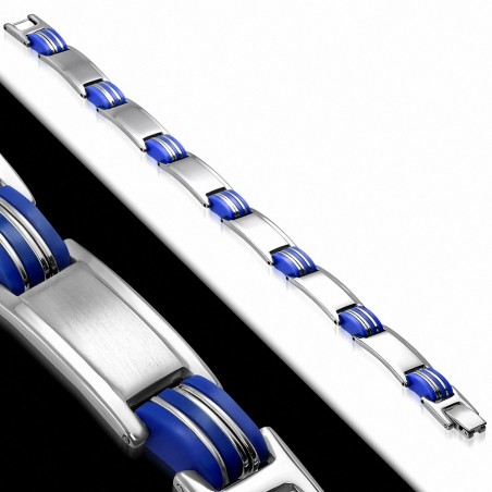 Bracelet à maillons en acier inoxydable avec caoutchouc bleu
