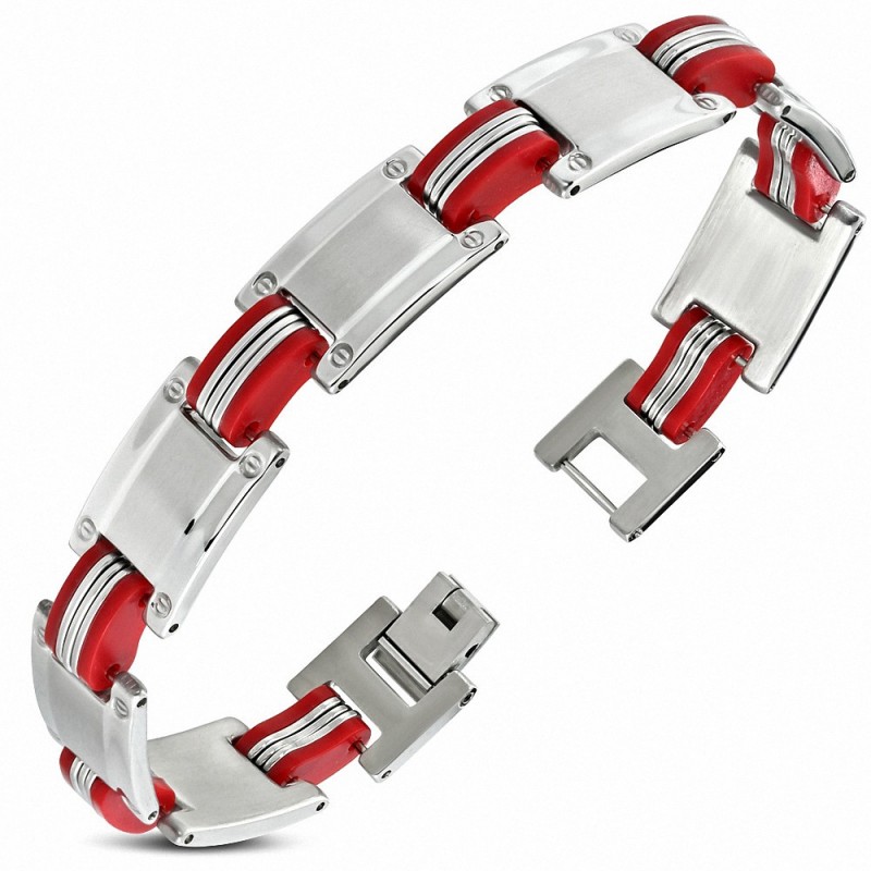 Bracelet à maillons en acier inoxydable avec panthère en caoutchouc rouge