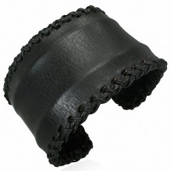 Bracelet manchette en cuir véritable noir tissé