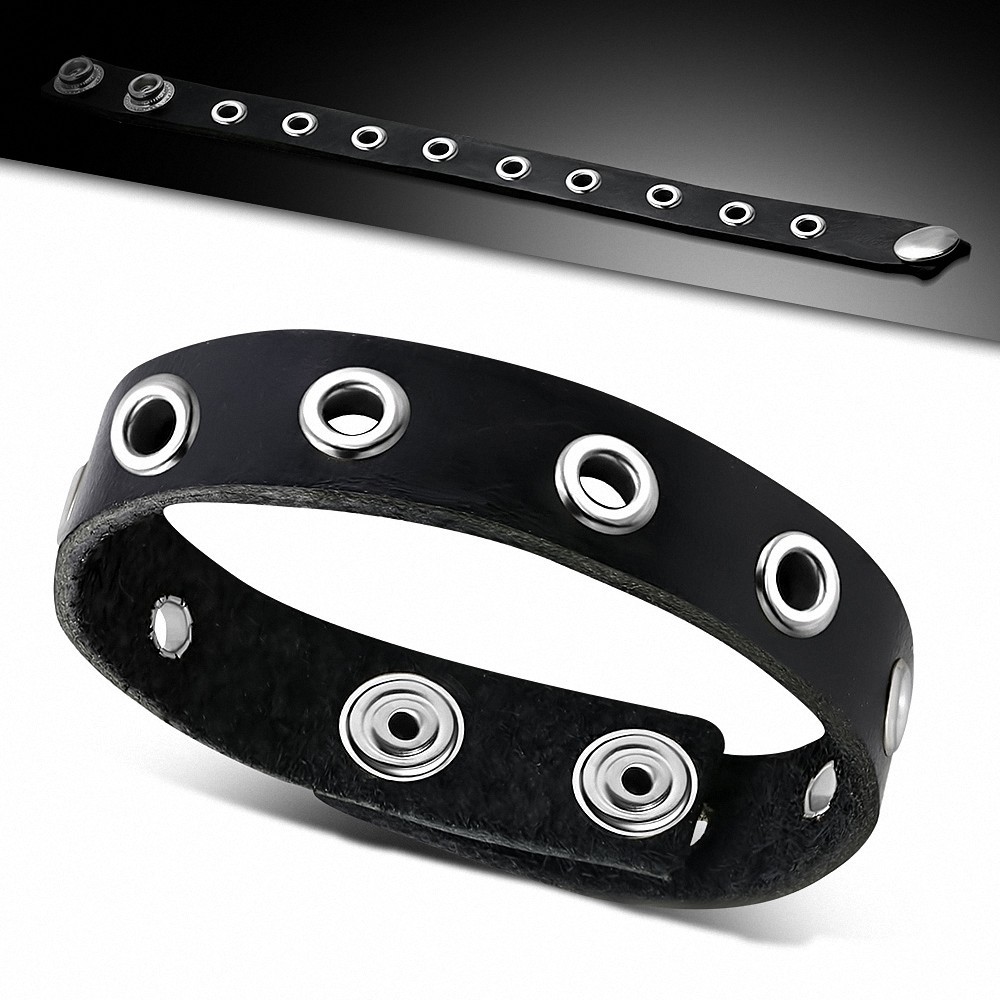 Bracelet pression en cuir noir découpé avec un cercle