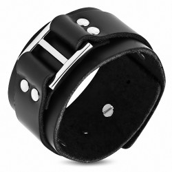 Bracelet double bande en cuir noir avec boucle argentée et bouton pression