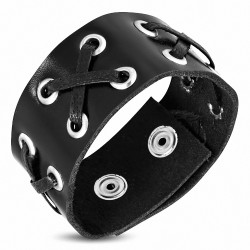 Bracelet lanière en cuir véritable noir avec armatures croisées croisées