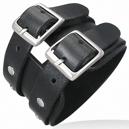 Bracelet en cuir véritable double boucle de ceinture en cuir noir
