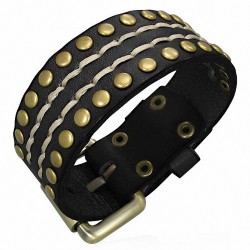 Bracelet en cuir noir avec boucle de ceinture et double rangée de rivets